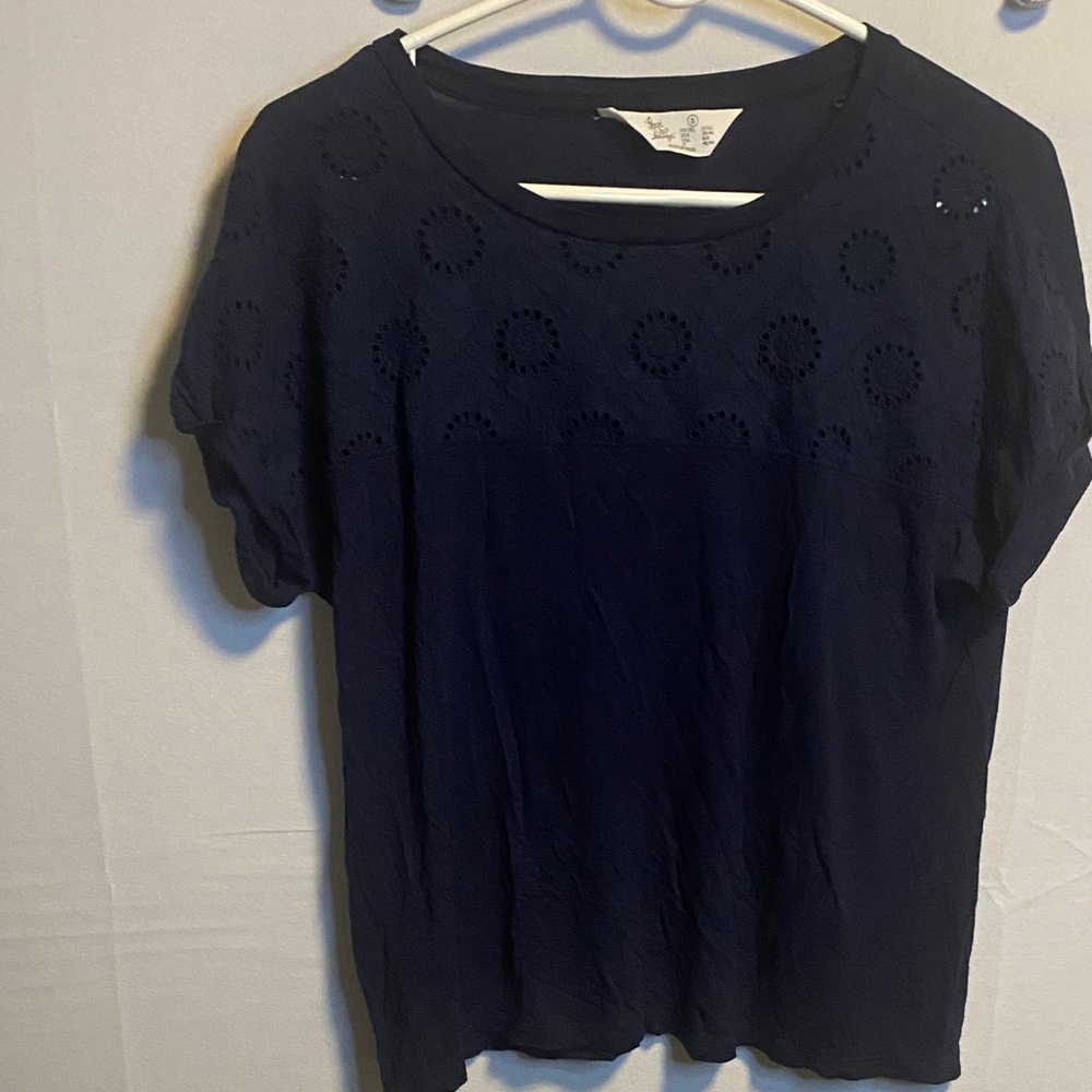 Elegant Navy Eyelet Short Sleeve Top